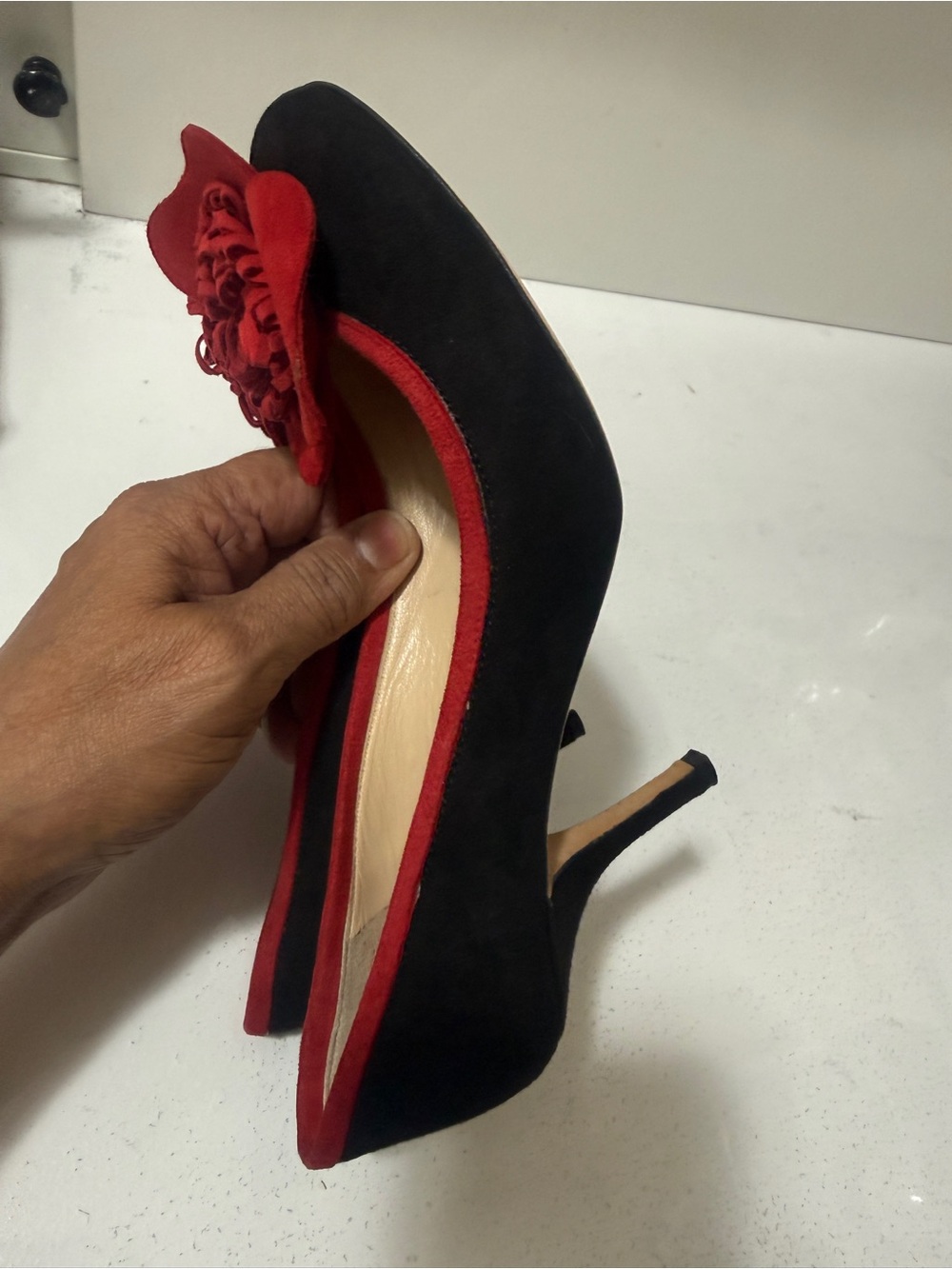 Kate Spade Black Suede Pumps with Red Trim and Floral Accent.Made in Italy - Picture 11 of 15